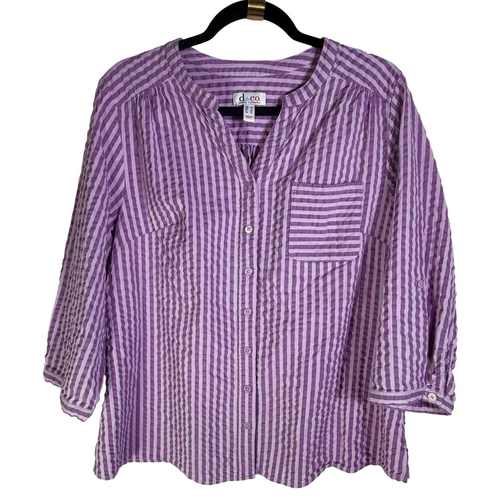 Denim & Co Purple Striped Seersucker Button Down 3/4 Roll Tab Sleeve Top Large